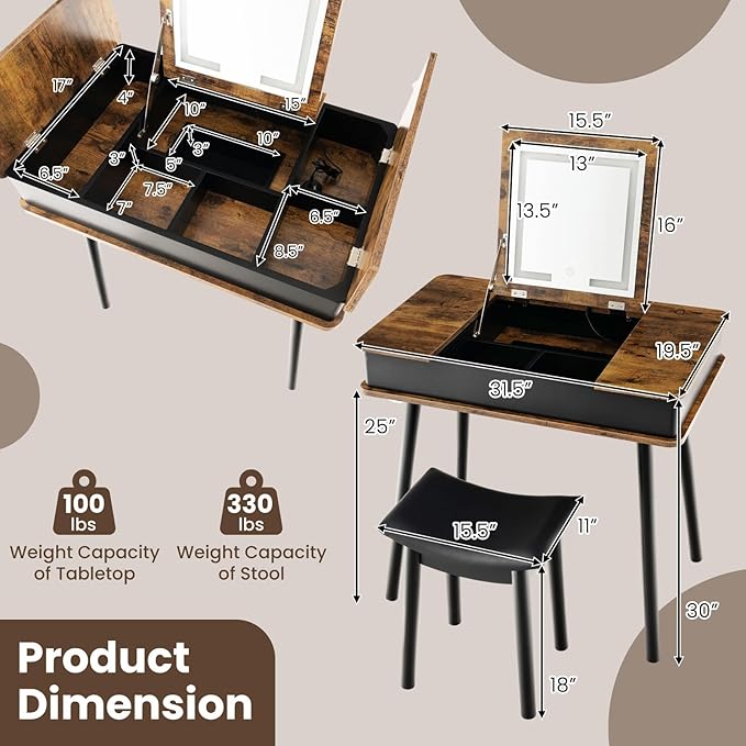CHARMAID Vanity Desk with 3-Color Lighted Flip Top Mirror, 7 Storage Compartments, Side Organizers, USB Port, Makeup Dressing Table Set Writing Desk with Cushioned Stool, Easy Assembly, Rustic Brown