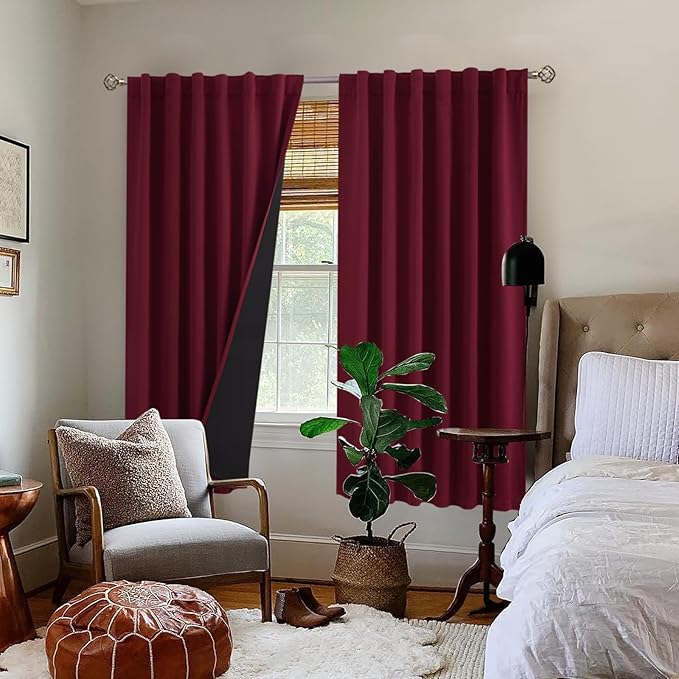 BGment Full Blackout Curtains with Thermal Insulation Liner Curtains 72 Inches Long, Rod Pocket and Back Tab Double Layer Room Darkening Window Curtain for Bedroom(52 x 72 Inch, 2 Panels, Burgundy)