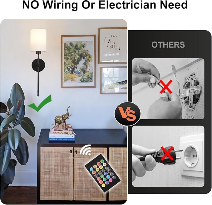 Battery Operated Wall Sconces Set of Two,Wireless Rechargeable Wall Light With Remote Control, Dimmable, 1800K/3000K/4000K/6000K/RGB, Timer, for Living Room, Bedroom, Fireplace, TV, 23.6 Inch Black