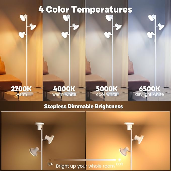 36W LED Tree Floor Lamp, Modern Dimmable Standing Lamp with Remote & Touch Control, 4 Color Temperatures, 3 Rotatable LED Light Floor Lamps for Living Room, Bedroom, Office