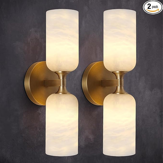 Alabaster Wall Sconces Set of Two, 14in Modern Spanish Natural Marble Bathroom Vanity Sconces, Brass Alabaster Sconce Wall Lighting, Gold Wall Light Fixtures Decor for Bedroom Living Room Staircases