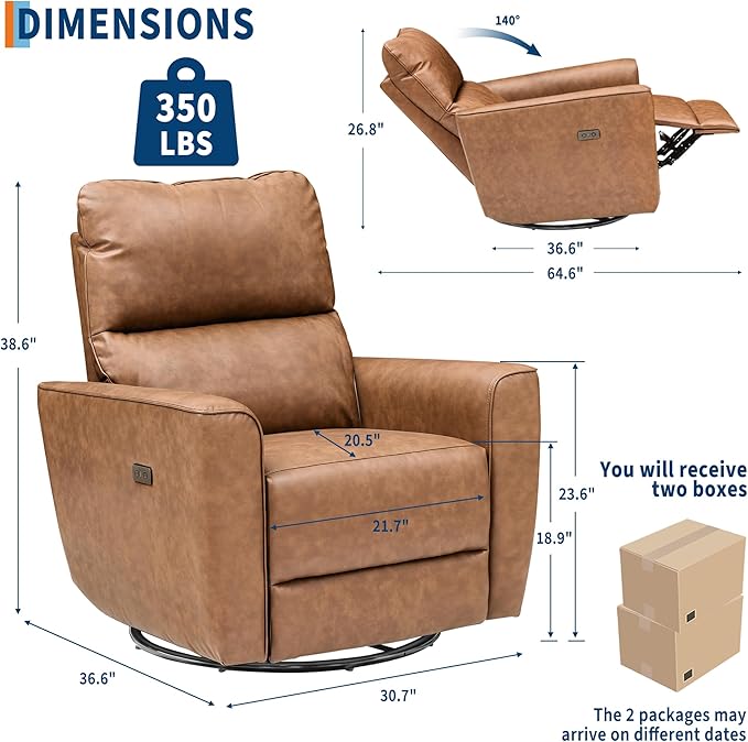 GarveeHome Power Recliner Chair Swivel Glider Upholstered Faux Leather Nursery Rocker Reclining Sofa Chair with Charging Port, Curved Armrests & Padded Backrest (Brown)