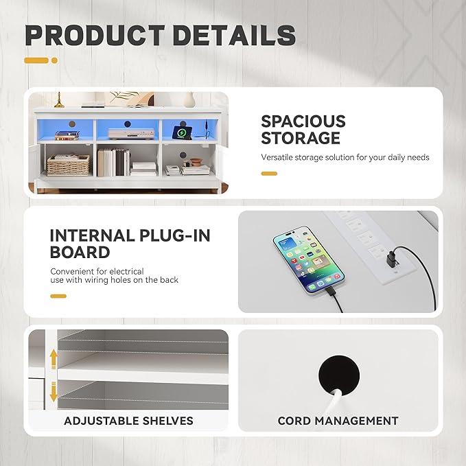 YITAHOME TV Stand for 65 Inch TVs, Entertainment Center with Storage Cabinets, Power Outlet & LED Light, Media Console Living Room Furniture, White