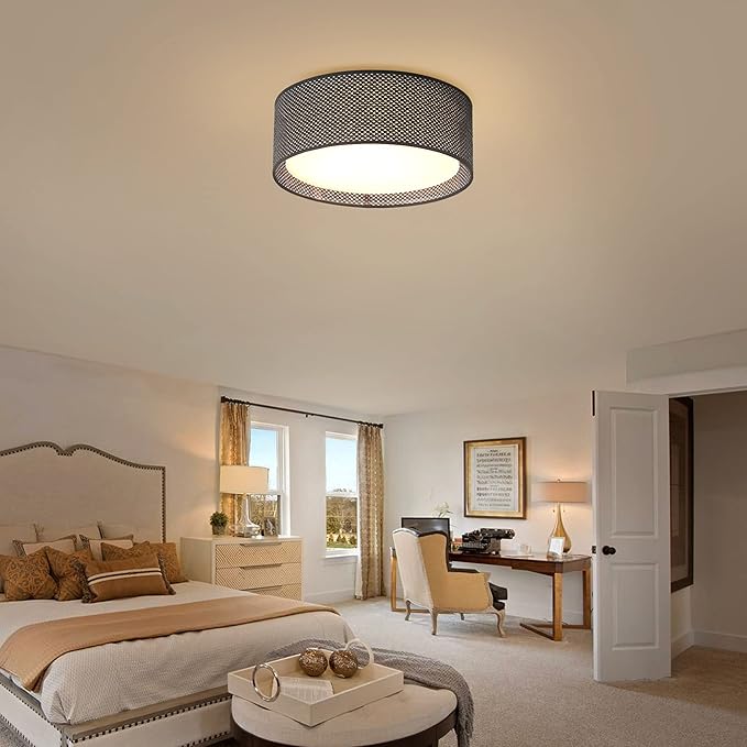 WINGBO 15.7" Modern 3-Light Flush Mount Ceiling Light Fixture with Fabric & Acrylic Double Drum Shade for Bedroom Living Room Dining Room Hallway Entryway, Black