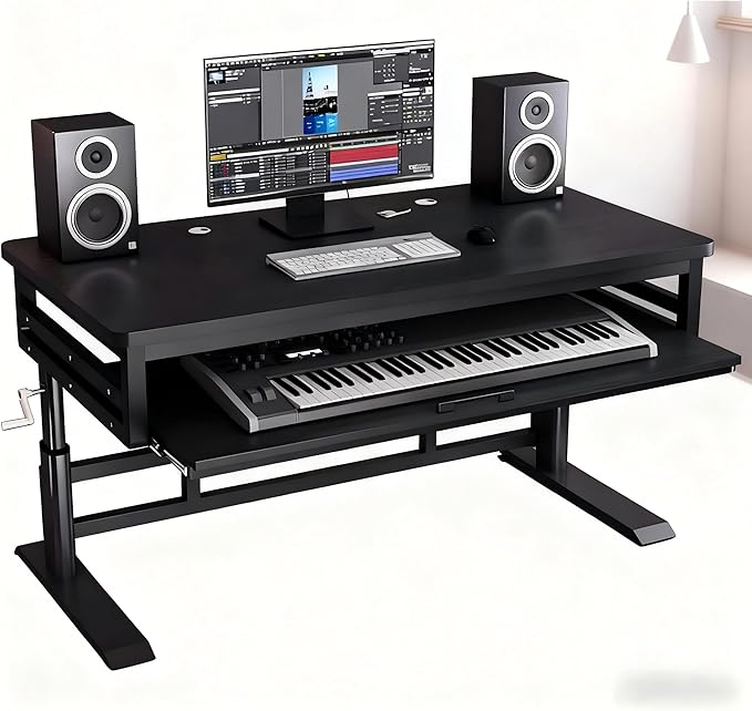 Studio Desk with Keyboard Tray | Hand-Crank Adjustable Standing Desk Workstation for Music Production, Cable Management, MIDI Keyboard Shelf (Black, 55In)