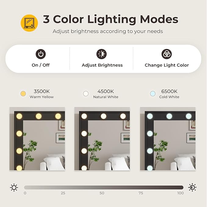 Vanity Desk with Mirror and Lights, 41.4'' Makeup Vanity Desk with 4 Drawers and Large Cabinet, 3 Lighting Modes Adjustable Brightness, Black Vanity with Power Outlet for Bedroom