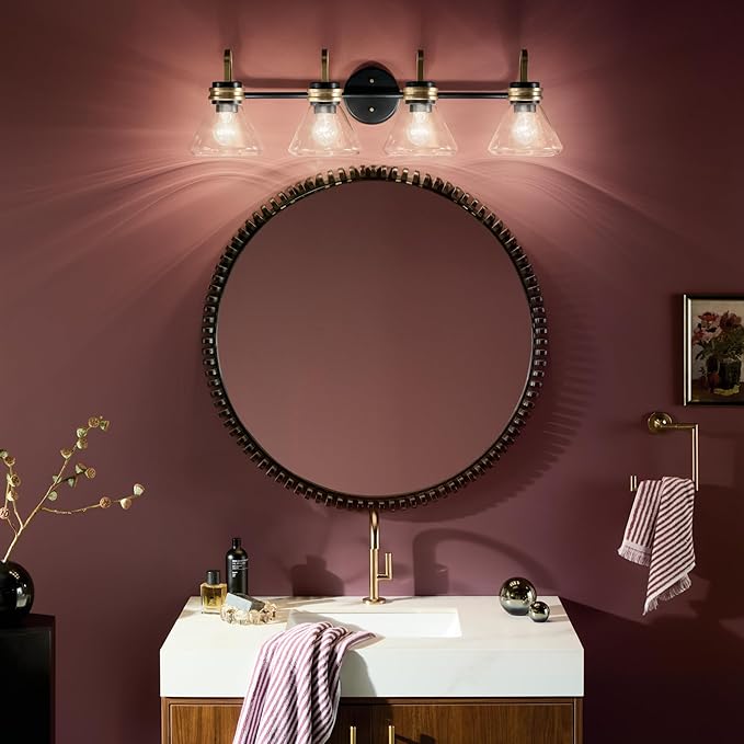 Kichler Farum 34" 4-Light Vanity Light with Clear Glass in Black, for Single or Double Vanity, Over a Mirror, Powder Room, Bathroom, (34" W x 9.5" H), 55156BKCLR
