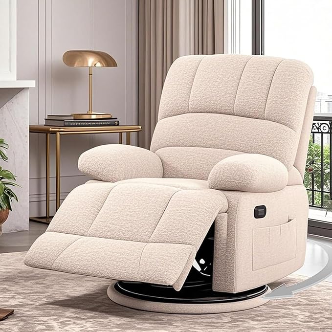 Oversized Rocker Recliner Chair, 360°Swivel Nursery Rocking Chairs with Adjustable Backrest Footrest, Oversized Recliner for Adults, Cashmere Reclining Sofa for Living Room, White