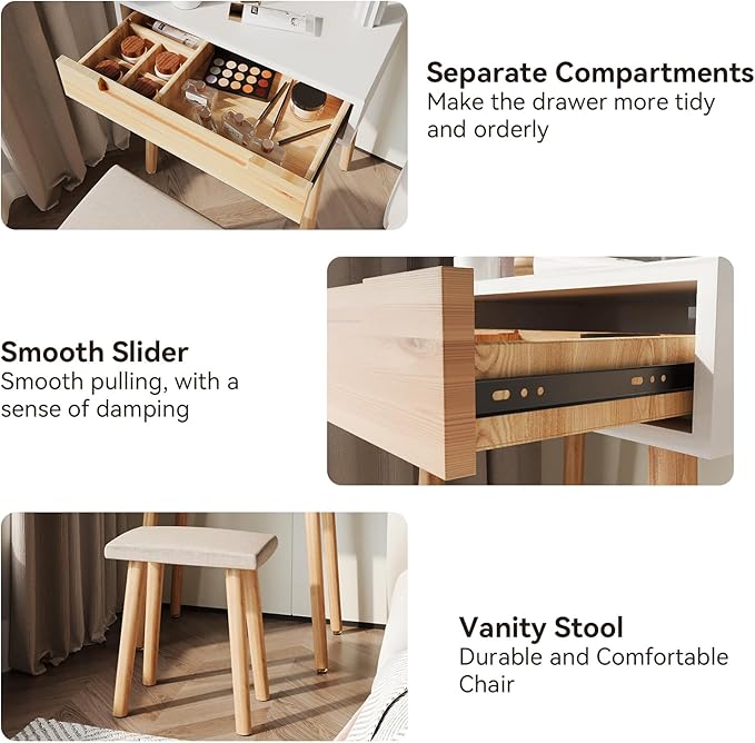 ARTETHYS Small Makeup Vanity Desk with 3 Adjustable Lighted Mirror and Chair, 24 Inch Vanities Set with Drawer Wooden Frame Dressing Table for Mini Space
