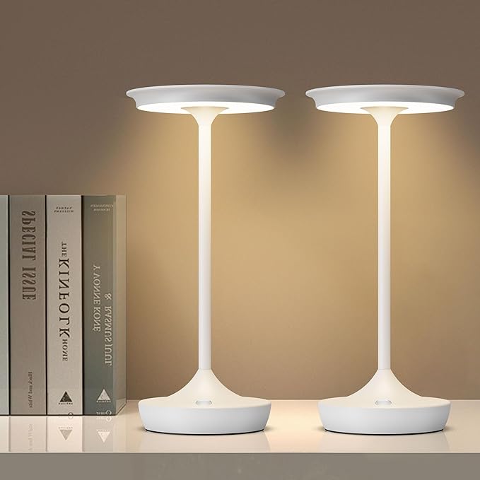 YHT Cordless Rechargeable Table Lamps, Portable 6000mAh Battery Desk Lamp Waterproof 3 Color Stepless Dimming LED Table Light with Memory Function for Outdoor/Dinning/Patio/Restaurant (White 2Pack)