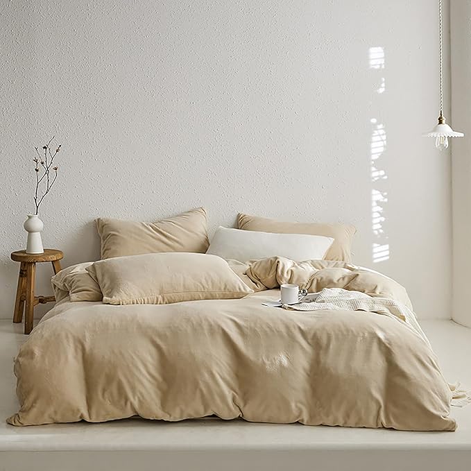 Cottonight Cream Coffee Velvet Comforter Set California King Khaki Bedding Comforter Set Dark Champagne Brown Solid Blanket Quilts Flannel Modern Winter Warm Taupe 3 Piece Light Coffee Bedding Set