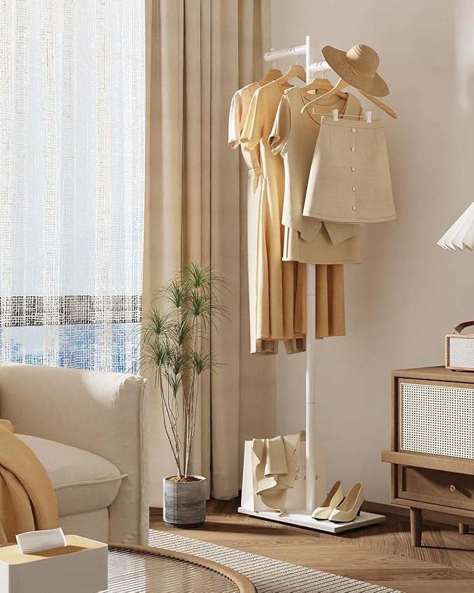 Garment Rack, Freestanding Metal Coat Racks, Z-shaped Coat Tree with Natural Rock Base, Suitable For Outerwear, Clothes, Handbags, 68.9in, White