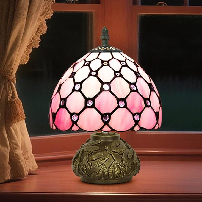 Small Tiffany Stained Glass Lamp, 3 Color Temperatures Bedside Lamp, 8 Inch Pink Pearl Beads Style Mushroom Desk Light for Bedroom Living Room Office Home Decor (Pink)