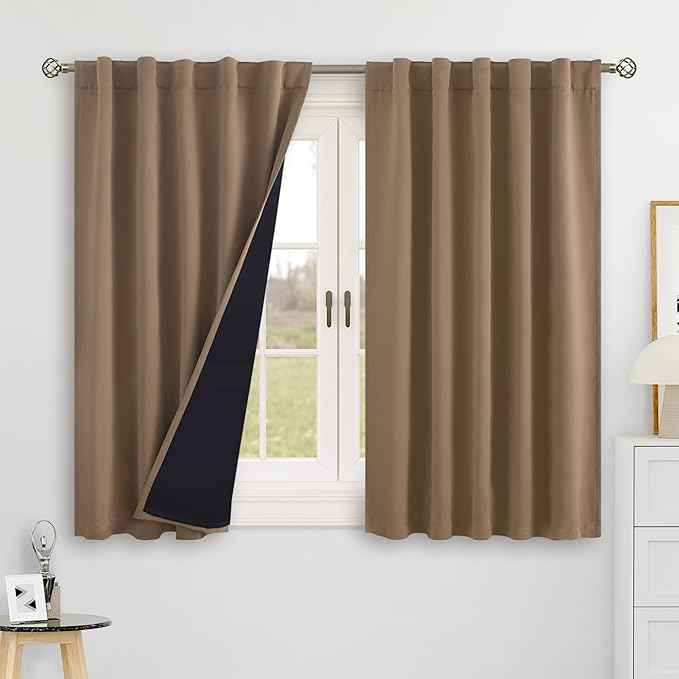 BGment Taupe 100% Blackout 48 Inch Curtains for Small Window, Rod Pocket and Back Tab Double Layer Black Out Thermal Insulated Room Darkening Curtain for Kitchen, 2 Panels, Each 42 x 48 Inch