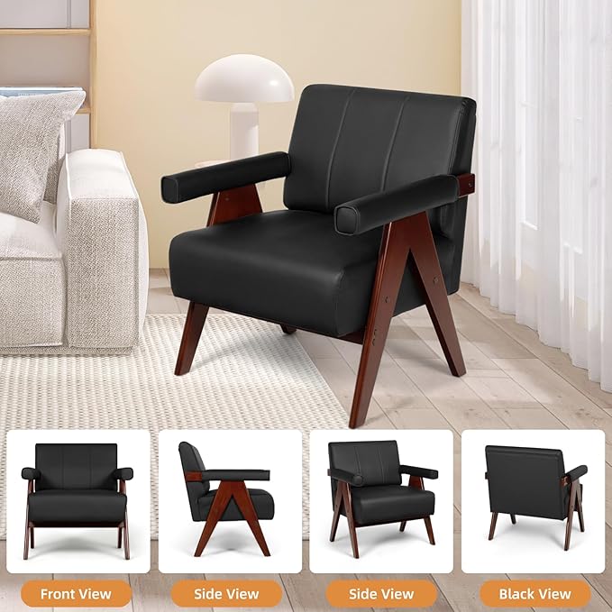 AODAILIHB Mid Century Modern Chairs Set of 2 Black Leather Accent Chair Wood Arms with Soft Bag Living Room Chairs with Thick Cushion Comfy Leisure Waiting Room Chairs Bedroom/Office (2, Black)