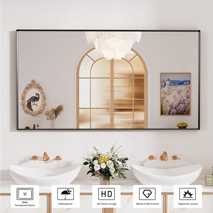 Bathroom Mirror Black, 55x30 Inch Large Matte Black Bathroom Vanity Mirror,Rectangle, Square Corner, Anti-Rust,Shatter-Proof, Bedroom, Living Room, Entryway, Wall-Mounted(Horizontal/Vertical)