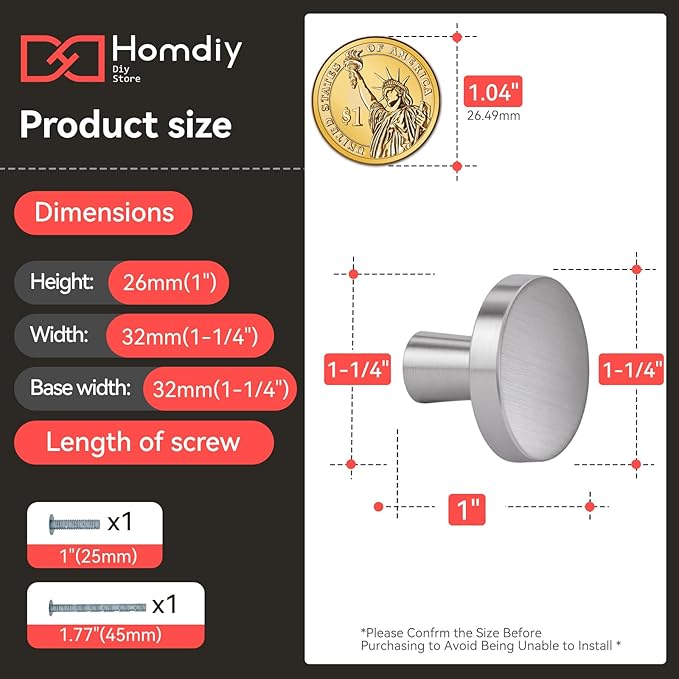 homdiy 25 Pack Brushed Nickel Cabinet Knobs Round Kitchen Handles Zinc Alloy Metal Hardware for Dresser Drawer Desk Cupboard