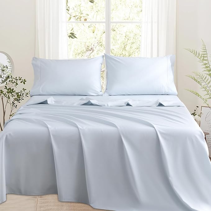 Bedlifes 1000 Thread Count 100% Egyptian Cotton King Size Sheets Set - Sateen Soft Silky Breathable Luxury Cooling 4 Pieces (Light Blue)