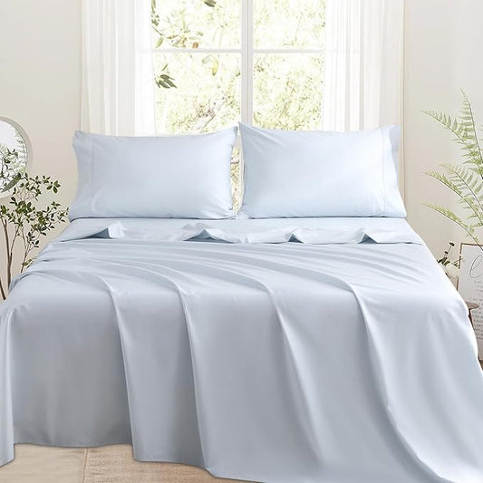 Bedlifes 1000 Thread Count 100% Egyptian Cotton King Size Sheets Set - Sateen Soft Silky Breathable Luxury Cooling 4 Pieces (Light Blue)