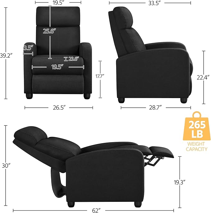 Yaheetech Fabric Recliner Chair Sofa Ergonomic Adjustable Single Sofa with Thicker Seat Cushion Modern Home Theater Seating for Living Room Matte Black