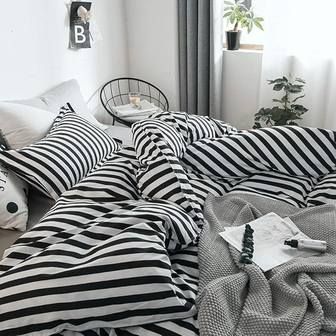 Luxlovery Black and White Comforter Set Queen Men Women Striped Bedding Set Full Farmhouse Ticking Stripes Bedding Blanket Geometric Lines Modern Comforter Set with 2 Pillowcases