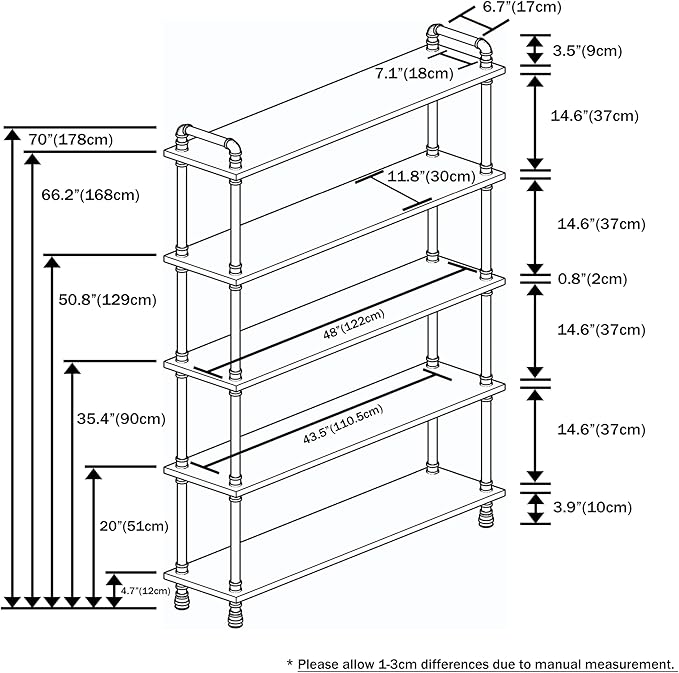 Industrial Bookshelf, 5-Tier Pipe Shelf, Wall Mounted Bookcase for Home and Office (Rustic Brown, 48" L x 11.8" W x 70" H)