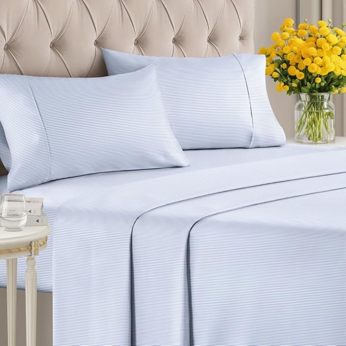 Light Blue and White Striped Sheets - 1 Flat & 1 Fitted Sheet & 2 Pillowcases w/ Deep Pockets - Wrinkle & Fade Resistant - Ultra-Soft, Breathable & Cooling - Luxury Pinstripe Bedding - Full Size