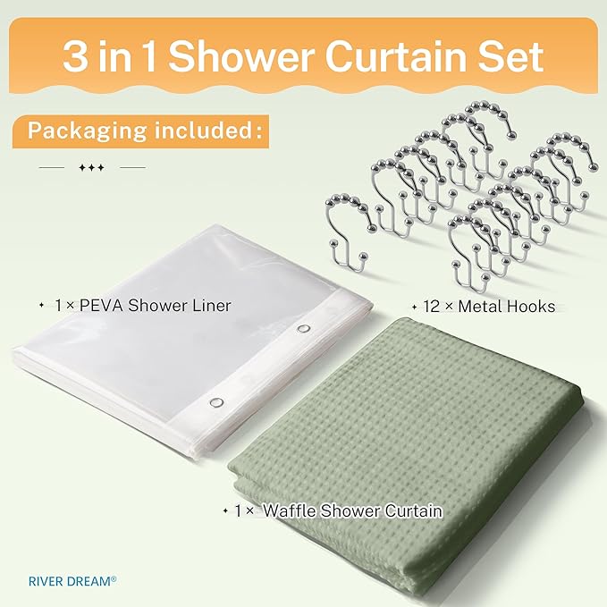 River Dream 3 in 1 Shower Curtain Set, Extra Long Waffle Fabric Shower Curtain and Waterproof Clear Liner Set with Double Sided Metal Hooks, Sage Green, 72" W*84" H