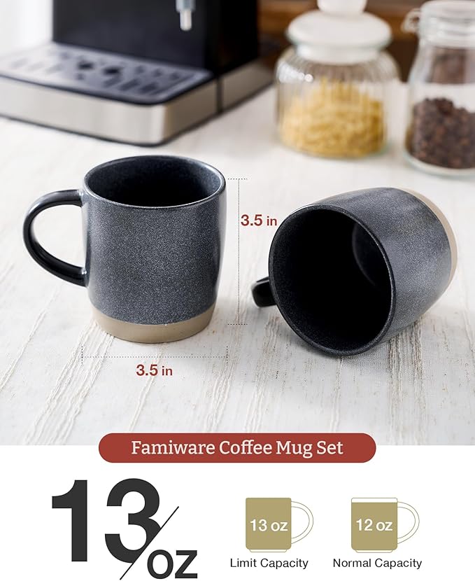famiware Coffee Mugs Set of 4, Milkyway 13 oz Mug Set, Ceramic Cup Set with Handle for Coffee, Tea, Cocoa, Milk, Matte Dark Charcoal