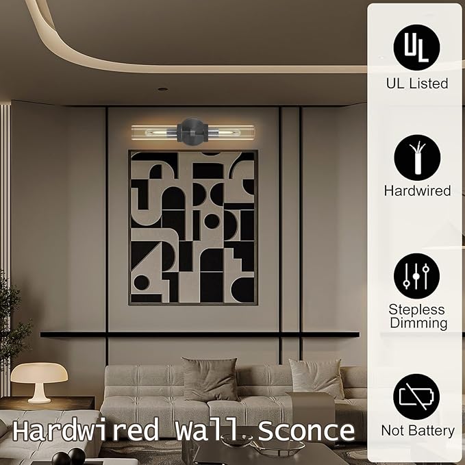Bathroom Wall Sconce Hardwired, Black Wall Sconces, 20.5" Vanity Lights Over Mirror, Linear Wall Sconce Dimmable, Bathroom Light Fixtures Glass Tube, Bronze Wall Sconces Interior Sconces Wall Lighting