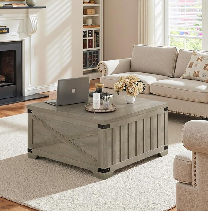 HOSTACK Farmhouse Coffee Table with Storage, 35.4" Square Center Table with Hinged Lift Top, Vintage Wood Cocktail Table with Thickened Top for Living Room, Home (Ash Gray)