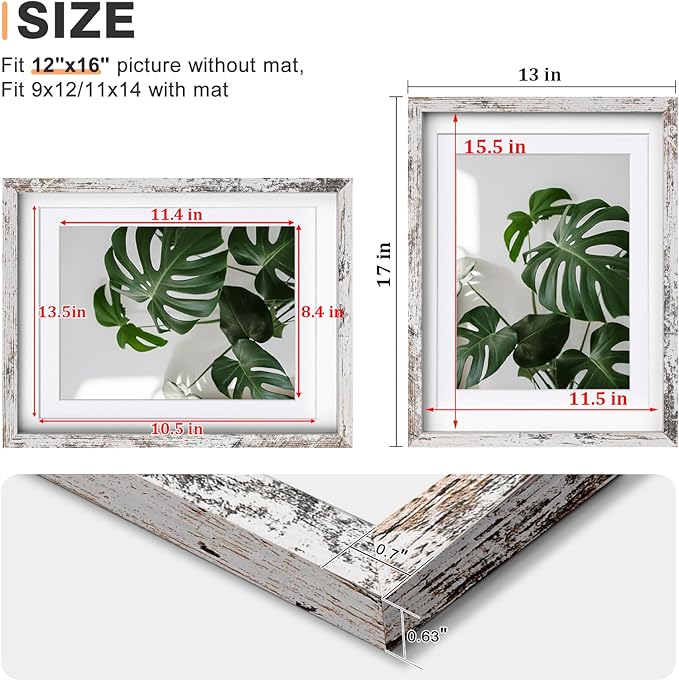 Egofine 12x16 Picture Frame Rustic White Covered by Plexiglass Made of Solid Wood, Display Pictures 9x12 and 11x14 with Mat or 12x16 Without Mat for Wall Mounting