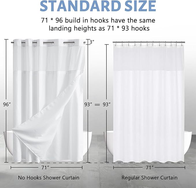 Furlinic Extra Long Waffle Weave No Hook Shower Curtain with Snap in Liner,Heavy Duty Textured Fabric Bathroom Curtains,Hotel Style with Mesh Top Window,Waterproof & Machine Washable,White,71x96.