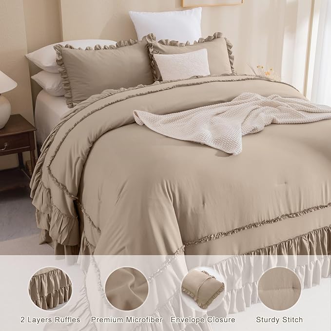 QSH 3PCs Light Taupe Oversized King Comforter Set 120x120,Shabby Vintage Chic Ruffled Bedding Comforter Extra Large Farmhouse French Country Rustic Comforter Microfiber Soft Lightweight Bedding