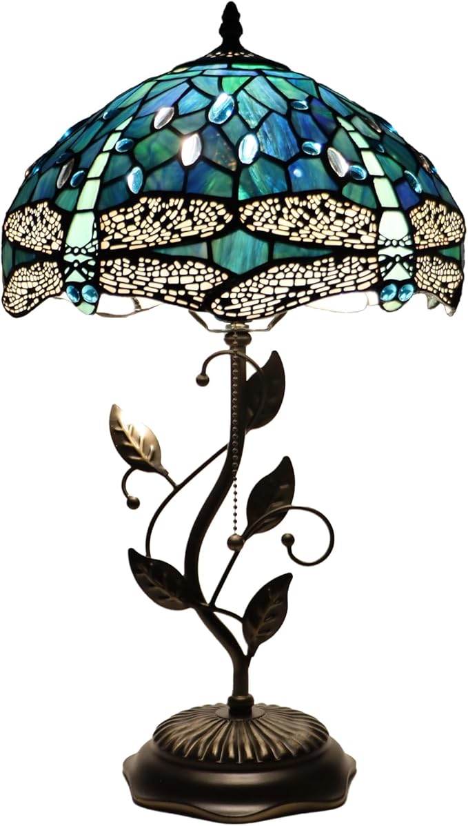 Tiffany Table Lamp, Stained Glass Desk Light, W12H19 Inch, Metal Leaf Base (Dragonfly Style)