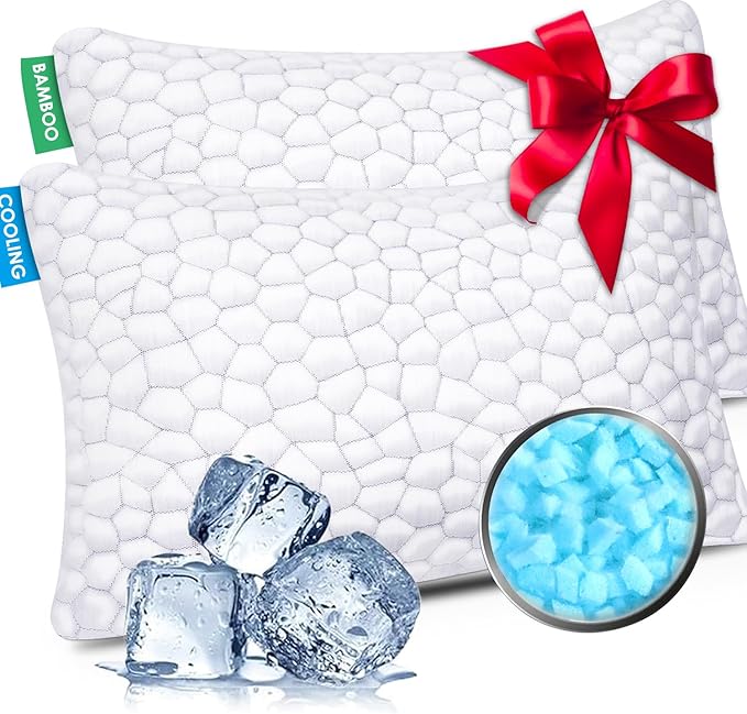 Cooling Bed Pillows for Sleeping 2 Pack Shredded Memory Foam Pillows Adjustable Cool Pillow for Side Back Stomach Sleepers Luxury Gel Pillows Standard Size Set of 2 with Washable Removable Cover