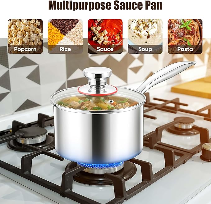 E-far Triply Stainless Steel Saucepan Set, 1Qt & 3 Qt Sauce Pan Pot with Lid for Cooking Pasta Warming Milk Boiling Water, Small Metal Cookware for Kitchen, Induction Ready & Heavy Duty