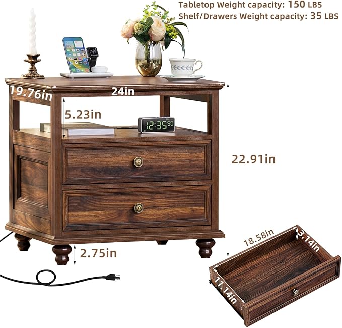 Farmhouse Nightstand Set of 2 with Charging Station, 24" Wide End Table with 2 Drawers,Brown Dresser for Bedroom,Bed Side Table Chest of Drawers Cabinet, Night Stand for Living Room