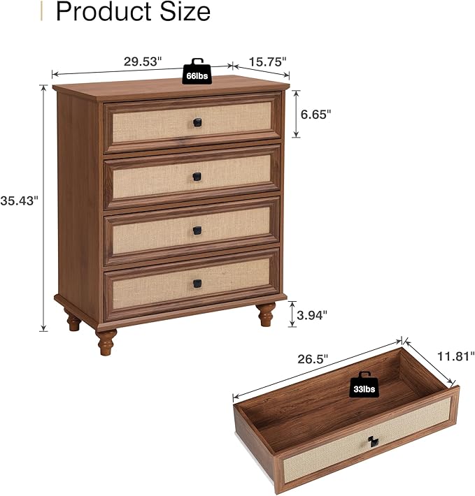 ORRD 8 Drawer Dresser for Bedroom, Mid Century Modern Wide Wood Rustic Chest of Drawers Wooden Storage Organizer Dressers with Burlap Rattan Drawers for Living Room, Hallway Closet, Entryway, Walnut