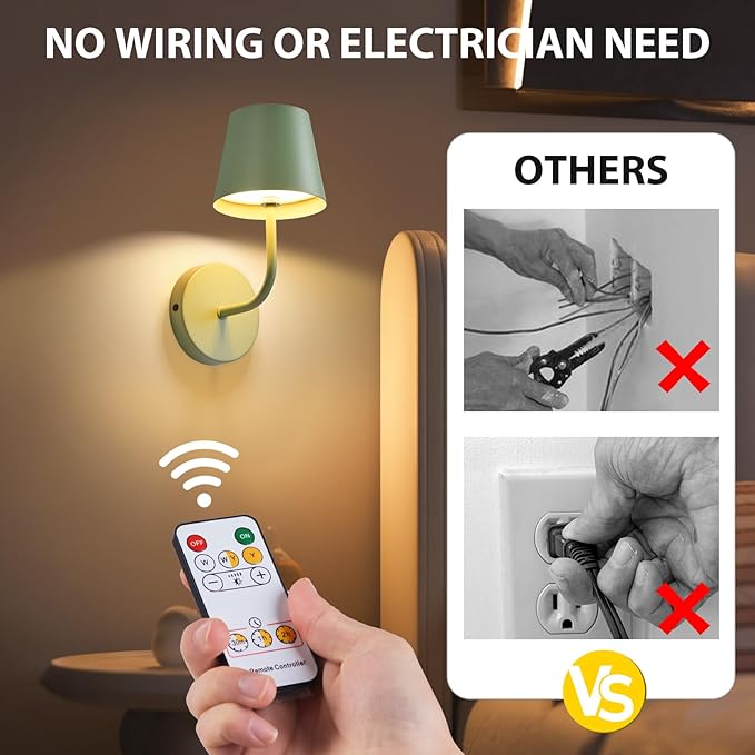 LED Wireless Wall Lamp Set of 2, with 5600mAh Rechargeable Battery Powered Wall Sconces, Touch for Remote Control Infinite Dimming Be Used for Bedroom Mirror Living Room Wall Painting(Green)