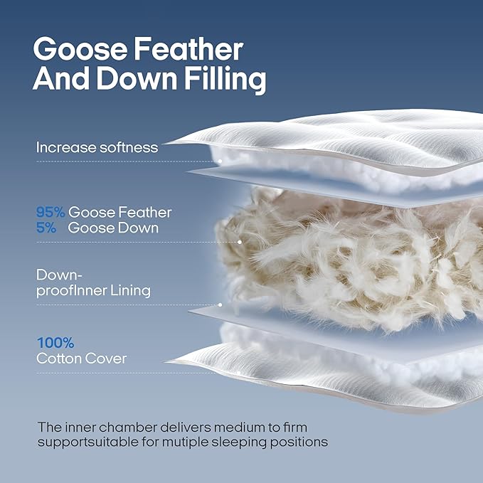 puredown® Goose Feathers and Down Pillows, Bed Pillows with 100% Cotton Cover, 2 Pack, King Size, 20x36 Inches