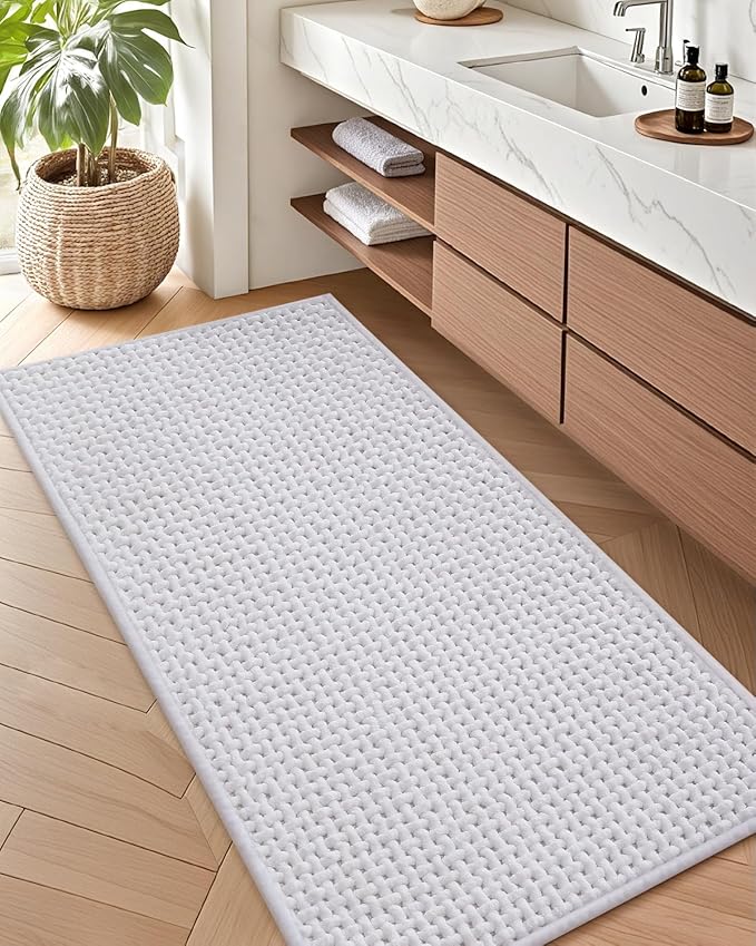 Color&Geometry Ultra Soft Chenille Bathroom Rugs Non Slip Rubber Backing, Machine Washable, Super Absorbent Floor Mat for Bathroom, Bathtub, Quick Dry White Bath Mat, Long Bath Runner,17"x47"