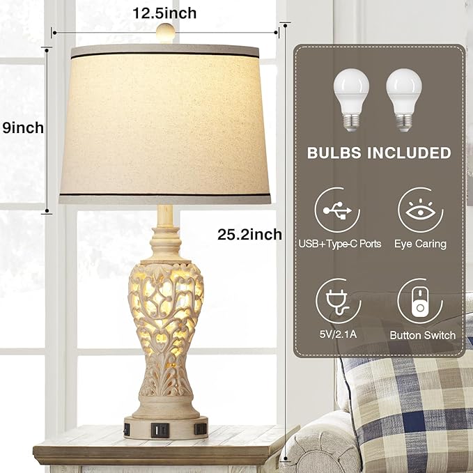 Table Lamps Set of 2, Farmhouse Table Lamps with Nightlight, Rustic Bedside Lamps with Dual USB & AC Outlet, 25.2'' Beige Vintage Nightstand Lamps for Bedroom Living Room, Bulbs Included