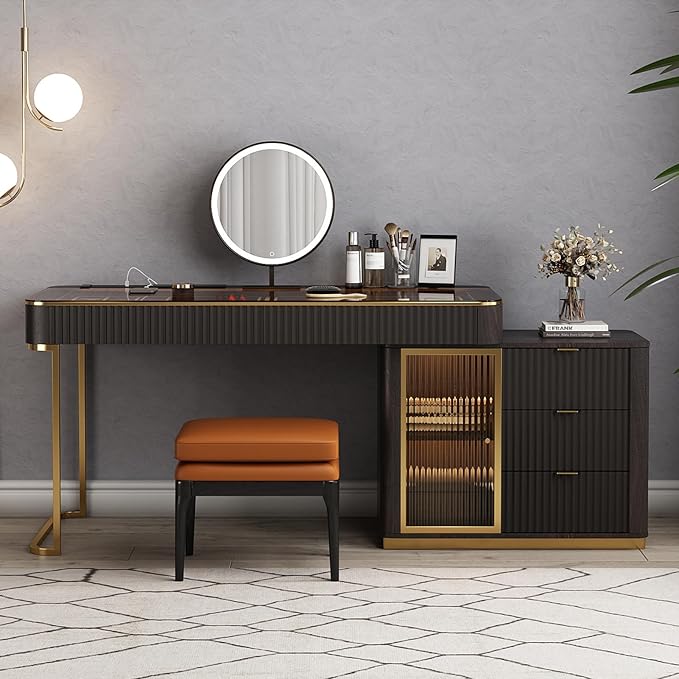 Larits Makeup Vanity with Stool, Very Easy to Assemble, Dressing Table in one, Super Storage with LED Light Vanity Mirror with ash Full Solid Wood upholstered Vanity Stool (Black Brown, 53 in)