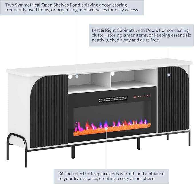 BELLEZE 68" Fluted TV Stand with 36" Electric Fireplace, Modern Entertainment Center with Storage for TVs Up to 75", Media Console with Curved Panel & Door,TV Cabinet for Living Room Bedroom (White)