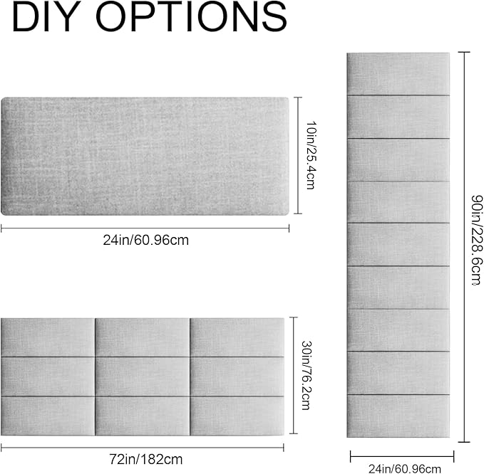 Upholstered Wall Mounted Headboard, 3D Soundproof Wall Panels Peel and Stick, King Size, Tufted, Light Grey (12 Panels, 10" x 24")