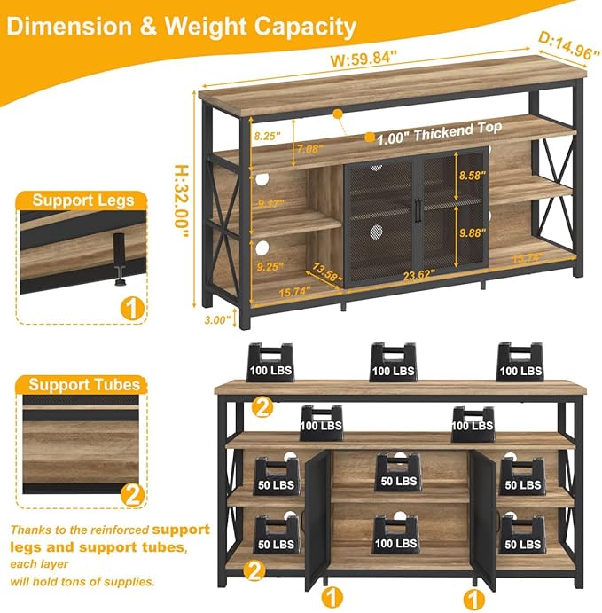 BON AUGURE Tall TV Stand for 65 55 Inch TVs, Industrial Entertainment Center with Storage Cabinet, Wood Farmhouse TV Media Console for Living Room and Bedroom (32 Inch High, Vintage Oak)