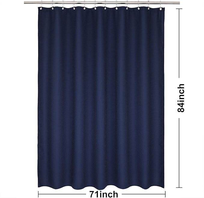 Barossa Design Extra Long Waffle Weave Shower Curtain 71" W x 84" H - Hotel Luxury Spa, 230 GSM Heavy Weighted Fabric, Water Repellent, Navy Blue, 71x84