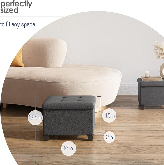 STORAGEBUD Storage Ottoman Cube with Small Bin, 16-in Square Ottoman with Storage for Living Room and Bedroom, Small Ottomans Foot Rest, Fabric Foot Stools Ottomans Max 330lbs, Grey