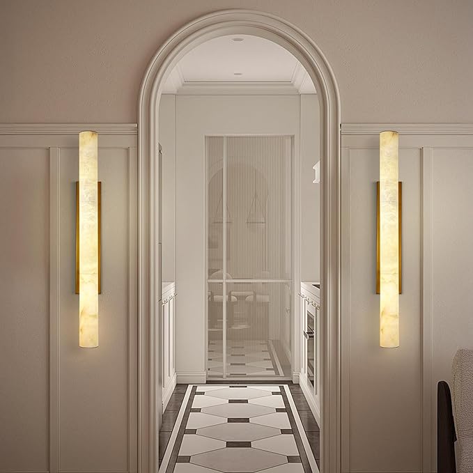 Brass Alabaster Wall Sconces, Spanish Natural Marble Wall Sconce, 36" Long Stone Wall Sconce Dimmable, Gold Alabaster Sconces Wall Lighting Indoor, Marble Wall Light for Bathroom, Living Room,Entryway